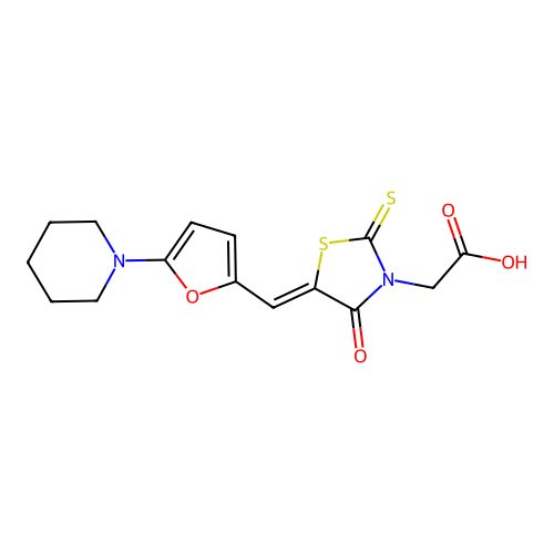 {4-Oxo-5-[1-(5-piperidin-1-yl-furan-2-yl)-meth-(Z)-ylidene]-2-thioxo-thiazolidin-3-yl}-acetic acid structure