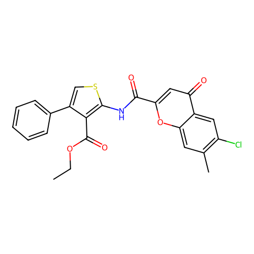 ethyl 2-{[(6-chloro-7-methyl-4-oxo-4H-chromen-2-yl)carbonyl]amino}-4-phenylthiophene-3-carboxylate structure