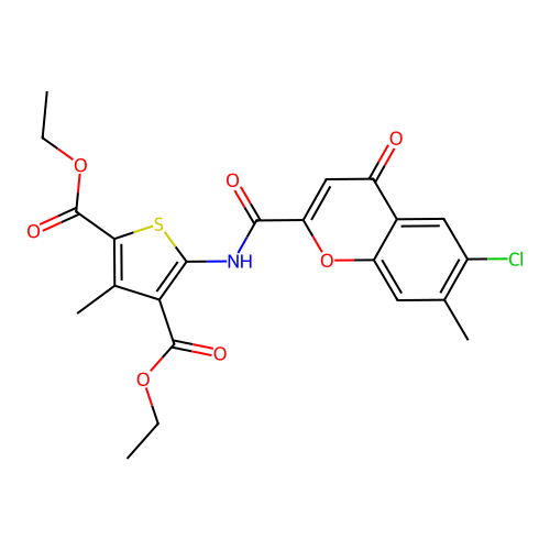 diethyl 5-{[(6-chloro-7-methyl-4-oxo-4H-chromen-2-yl)carbonyl]amino}-3-methylthiophene-2,4-dicarboxylate structure