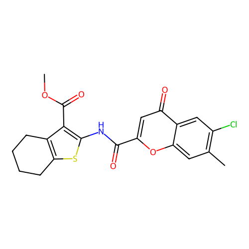 methyl 2-{[(6-chloro-7-methyl-4-oxo-4H-chromen-2-yl)carbonyl]amino}-4,5,6,7-tetrahydro-1-benzothiophene-3-carboxylate structure