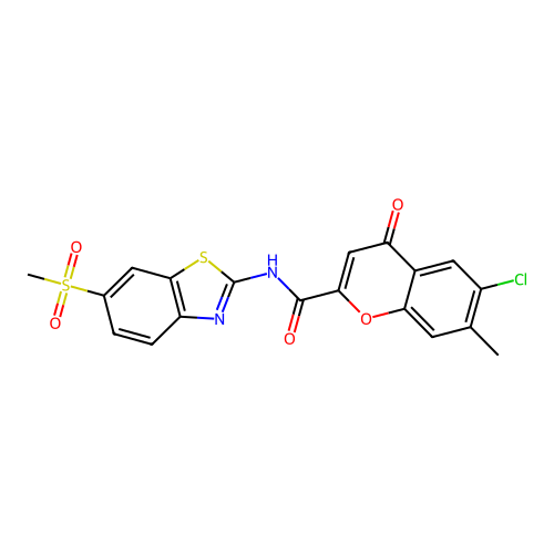 6-chloro-7-methyl-N-[6-(methylsulfonyl)-1,3-benzothiazol-2-yl]-4-oxo-4H-chromene-2-carboxamide structure