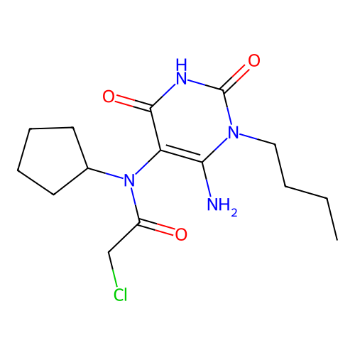 N-(6-amino-1-butyl-2,4-dioxo-1,2,3,4-tetrahydropyrimidin-5-yl)-2-chloro-N-cyclopentylacetamide structure