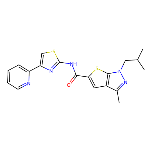 3-methyl-1-(2-methylpropyl)-N-(4-pyridin-2-yl-1,3-thiazol-2-yl)thieno[2,3-c]pyrazole-5-carboxamide structure