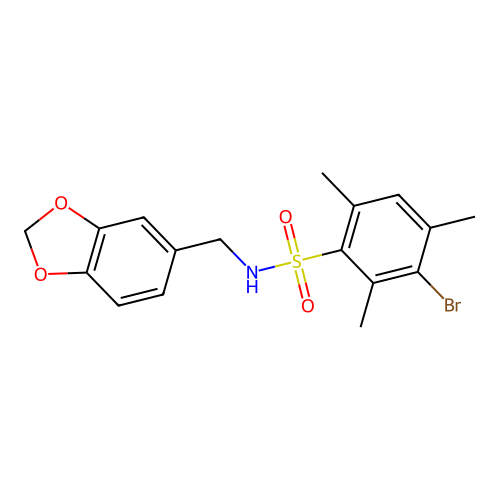 N-(1,3-benzodioxol-5-ylmethyl)-3-bromo-2,4,6-trimethylbenzenesulfonamide structure