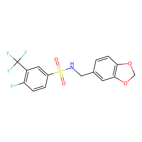 N-(1,3-benzodioxol-5-ylmethyl)-4-fluoro-3-(trifluoromethyl)benzenesulfonamide structure