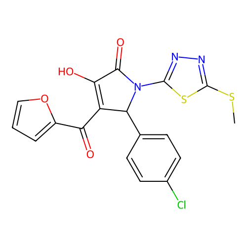 (4E)-5-(4-chlorophenyl)-4-[furan-2-yl(hydroxy)methylidene]-1-[5-(methylsulfanyl)-1,3,4-thiadiazol-2-yl]pyrrolidine-2,3-dione structure