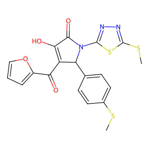 (4E)-4-[furan-2-yl(hydroxy)methylidene]-5-[4-(methylsulfanyl)phenyl]-1-[5-(methylsulfanyl)-1,3,4-thiadiazol-2-yl]pyrrolidine-2,3-dione structure