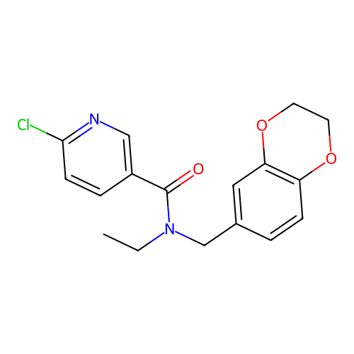 6-chloro-N-(2,3-dihydro-1,4-benzodioxin-6-ylmethyl)-N-ethylpyridine-3-carboxamide structure