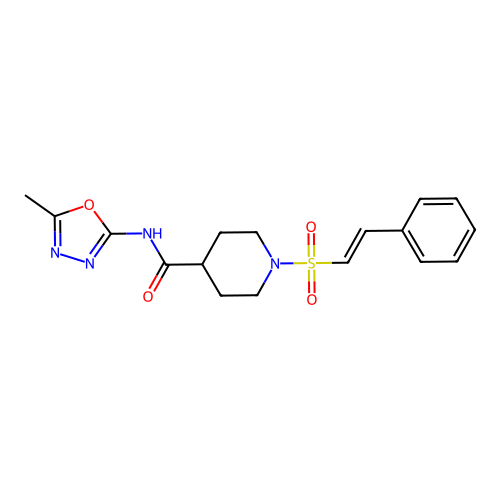 N-(5-methyl-1,3,4-oxadiazol-2-yl)-1-(2-phenylethenesulfonyl)piperidine-4-carboxamide structure