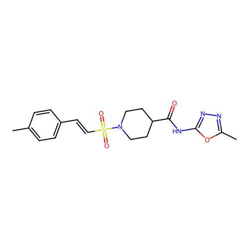 N-(5-methyl-1,3,4-oxadiazol-2-yl)-1-[(E)-2-(4-methylphenyl)ethenyl]sulfonylpiperidine-4-carboxamide structure