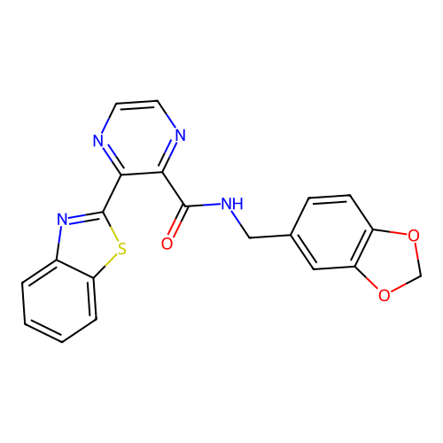 N-(1,3-benzodioxol-5-ylmethyl)-3-(1,3-benzothiazol-2-yl)pyrazine-2-carboxamide structure