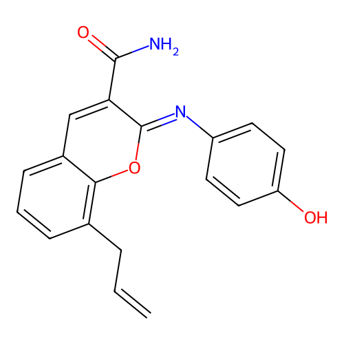 2-[(4-hydroxyphenyl)imino]-8-(prop-2-en-1-yl)-2H-chromene-3-carboxamide structure