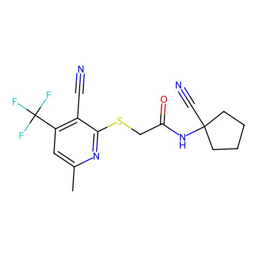 2-{[3-cyano-6-methyl-4-(trifluoromethyl)pyridin-2-yl]sulfanyl}-N-(1-cyanocyclopentyl)acetamide structure