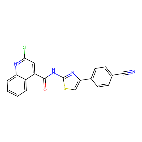 2-chloro-N-[4-(4-cyanophenyl)-1,3-thiazol-2-yl]quinoline-4-carboxamide structure
