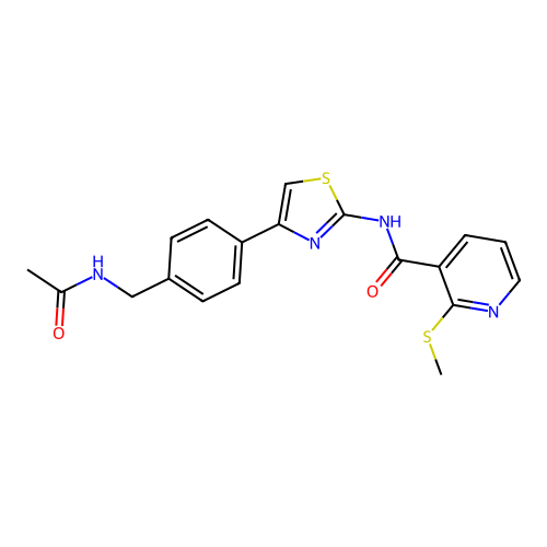N-[4-[4-(acetamidomethyl)phenyl]-1,3-thiazol-2-yl]-2-methylsulfanylpyridine-3-carboxamide structure