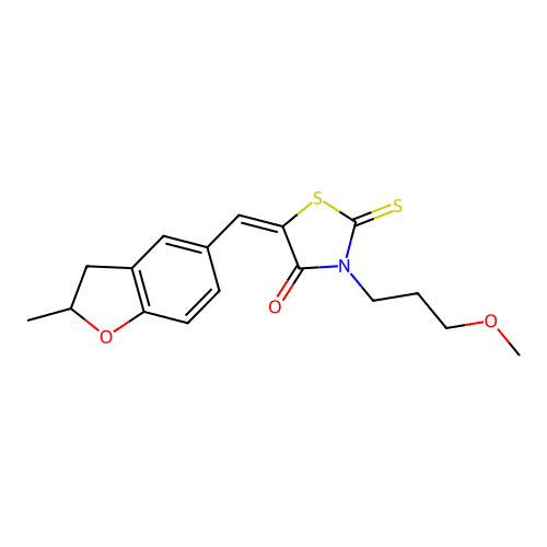 (5E)-3-(3-methoxypropyl)-5-[(2-methyl-2,3-dihydro-1-benzofuran-5-yl)methylidene]-2-sulfanylidene-1,3-thiazolidin-4-one structure
