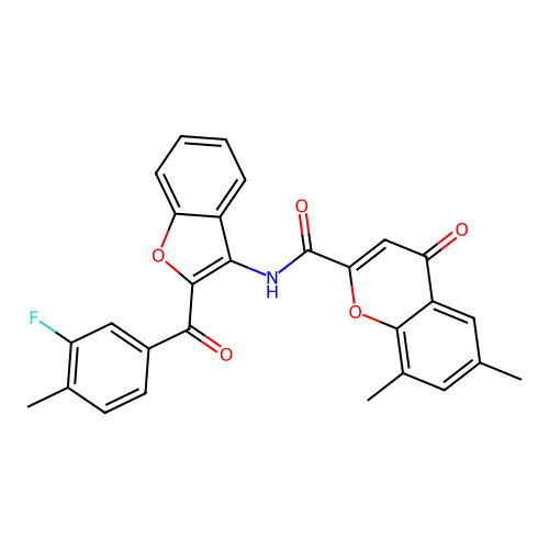 N-{2-[(3-fluoro-4-methylphenyl)carbonyl]-1-benzofuran-3-yl}-6,8-dimethyl-4-oxo-4H-chromene-2-carboxamide structure