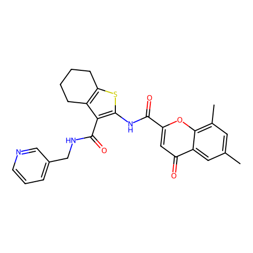 6,8-dimethyl-4-oxo-N-{3-[(pyridin-3-ylmethyl)carbamoyl]-4,5,6,7-tetrahydro-1-benzothiophen-2-yl}-4H-chromene-2-carboxamide structure