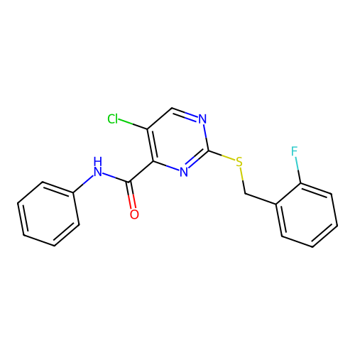 5-chloro-2-[(2-fluorobenzyl)sulfanyl]-N-phenylpyrimidine-4-carboxamide structure