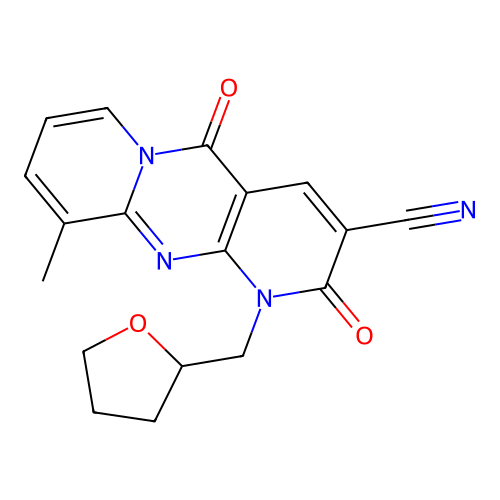 10-methyl-2,5-dioxo-1-((tetrahydrofuran-2-yl)methyl)-2,5-dihydro-1H-dipyrido[1,2-a:2',3'-d]pyrimidine-3-carbonitrile structure