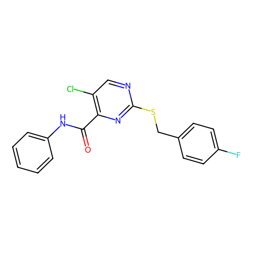 5-chloro-2-[(4-fluorobenzyl)sulfanyl]-N-phenylpyrimidine-4-carboxamide structure