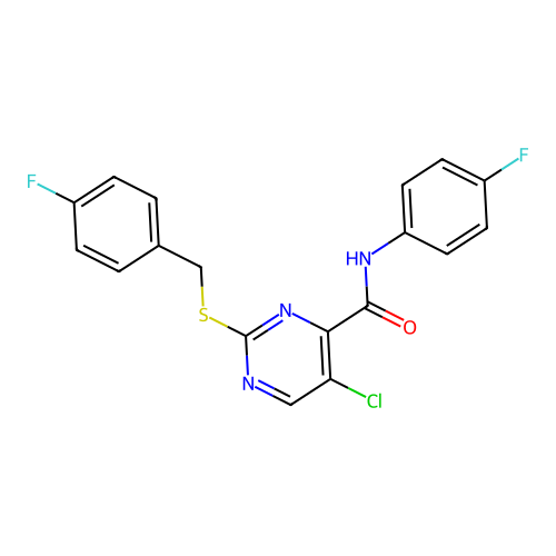 5-chloro-2-[(4-fluorobenzyl)sulfanyl]-N-(4-fluorophenyl)pyrimidine-4-carboxamide structure
