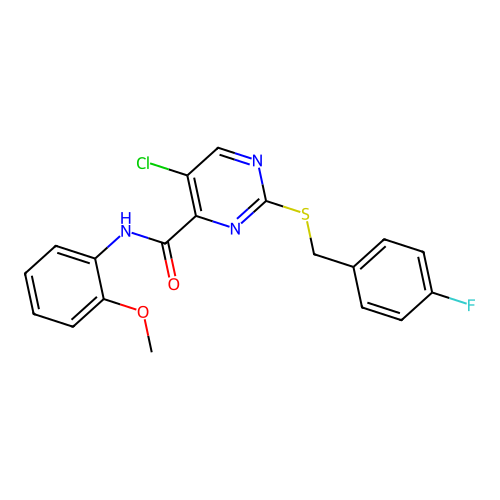 5-chloro-2-[(4-fluorobenzyl)sulfanyl]-N-(2-methoxyphenyl)pyrimidine-4-carboxamide structure