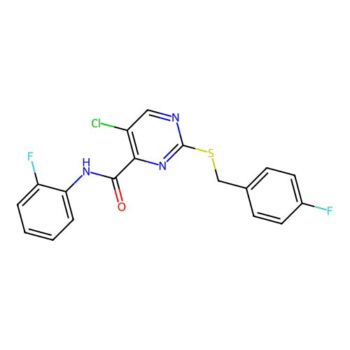 5-chloro-2-[(4-fluorobenzyl)sulfanyl]-N-(2-fluorophenyl)pyrimidine-4-carboxamide structure