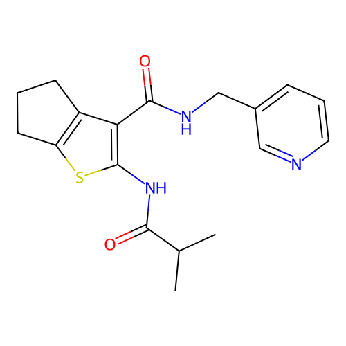 2-(2-methylpropanamido)-N-[(pyridin-3-yl)methyl]-4H,5H,6H-cyclopenta[b]thiophene-3-carboxamide structure