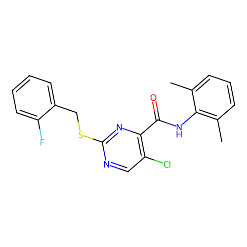5-chloro-N-(2,6-dimethylphenyl)-2-[(2-fluorobenzyl)sulfanyl]pyrimidine-4-carboxamide structure