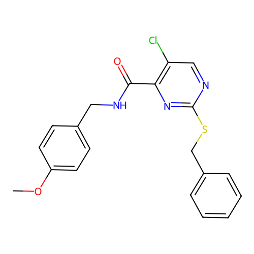 2-(benzylsulfanyl)-5-chloro-N-(4-methoxybenzyl)pyrimidine-4-carboxamide structure
