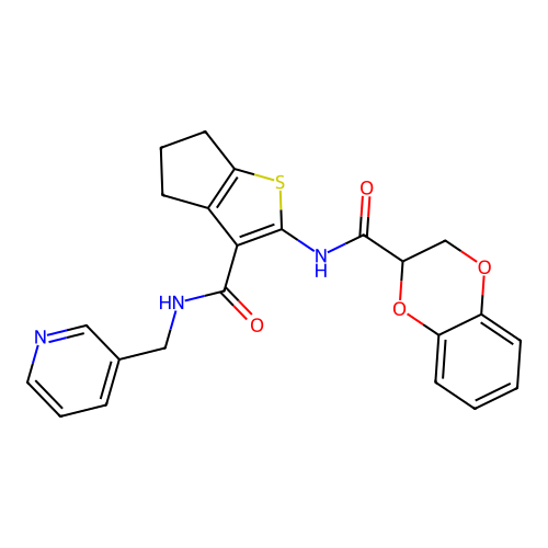 N-{3-[(pyridin-3-ylmethyl)carbamoyl]-5,6-dihydro-4H-cyclopenta[b]thiophen-2-yl}-2,3-dihydro-1,4-benzodioxine-2-carboxamide structure