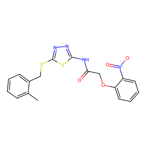 N-[5-[(2-methylphenyl)methylsulfanyl]-1,3,4-thiadiazol-2-yl]-2-(2-nitrophenoxy)acetamide structure