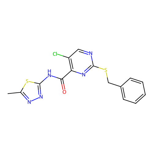 2-(benzylsulfanyl)-5-chloro-N-(5-methyl-1,3,4-thiadiazol-2-yl)pyrimidine-4-carboxamide structure