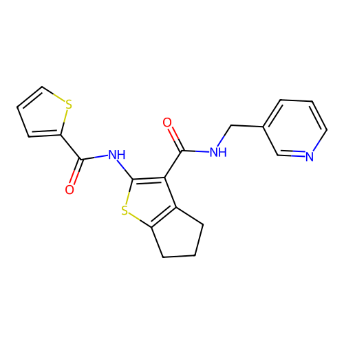 N-(pyridin-3-ylmethyl)-2-[(thiophen-2-ylcarbonyl)amino]-5,6-dihydro-4H-cyclopenta[b]thiophene-3-carboxamide structure