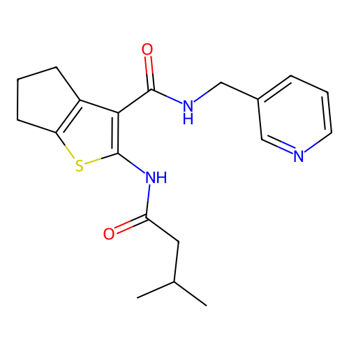 2-(3-methylbutanoylamino)-N-(pyridin-3-ylmethyl)-5,6-dihydro-4H-cyclopenta[b]thiophene-3-carboxamide structure