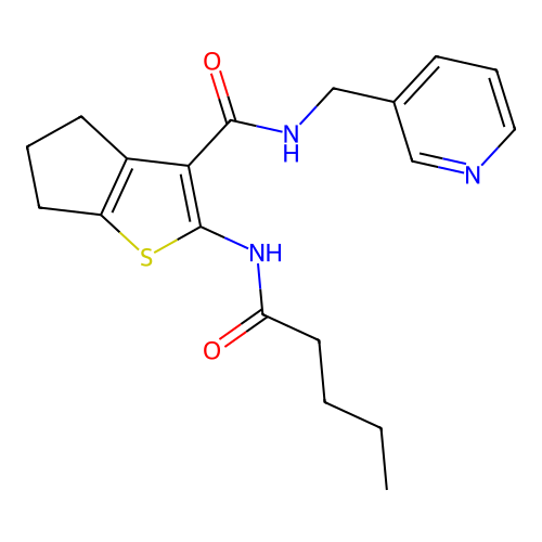 2-(pentanoylamino)-N-(pyridin-3-ylmethyl)-5,6-dihydro-4H-cyclopenta[b]thiophene-3-carboxamide structure