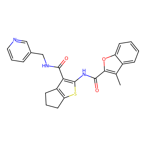 3-methyl-N-{3-[(pyridin-3-ylmethyl)carbamoyl]-5,6-dihydro-4H-cyclopenta[b]thiophen-2-yl}-1-benzofuran-2-carboxamide structure