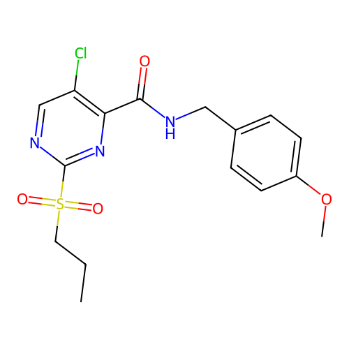 5-chloro-N-[(4-methoxyphenyl)methyl]-2-propylsulfonylpyrimidine-4-carboxamide structure