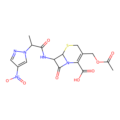 3-[(acetyloxy)methyl]-7-{[2-(4-nitro-1H-pyrazol-1-yl)propanoyl]amino}-8-oxo-5-thia-1-azabicyclo[4.2.0]oct-2-ene-2-carboxylic acid structure