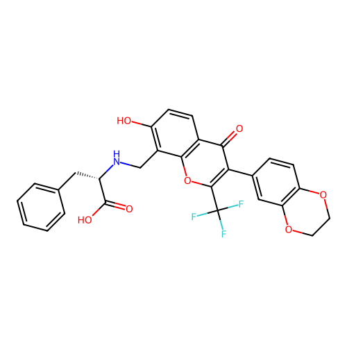 (2S)-2-[[3-(2,3-dihydro-1,4-benzodioxin-6-yl)-7-hydroxy-4-oxo-2-(trifluoromethyl)chromen-8-yl]methylamino]-3-phenylpropanoic acid structure