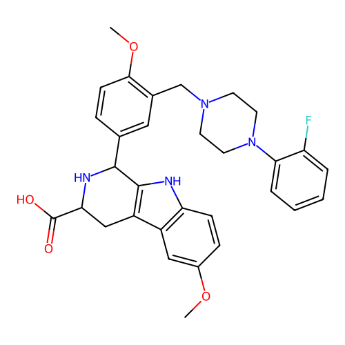 1-(3-((4-(2-fluorophenyl)piperazin-1-yl)methyl)-4-methoxyphenyl)-6-methoxy-2,3,4,9-tetrahydro-1H-pyrido[3,4-b]indole-3-carboxylic acid structure