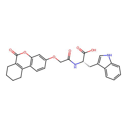 N-{[(6-oxo-7,8,9,10-tetrahydro-6H-benzo[c]chromen-3-yl)oxy]acetyl}-L-tryptophan structure