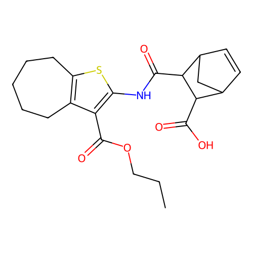 3-{[3-(propoxycarbonyl)-5,6,7,8-tetrahydro-4H-cyclohepta[b]thiophen-2-yl]carbamoyl}bicyclo[2.2.1]hept-5-ene-2-carboxylic acid structure