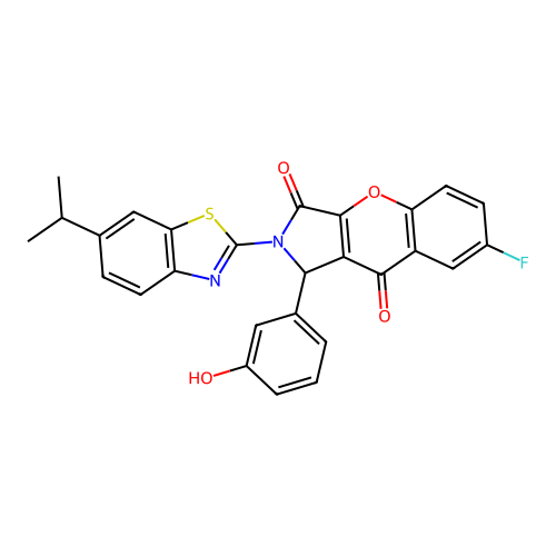 7-fluoro-1-(3-hydroxyphenyl)-2-[6-(propan-2-yl)-1,3-benzothiazol-2-yl]-1,2-dihydrochromeno[2,3-c]pyrrole-3,9-dione structure