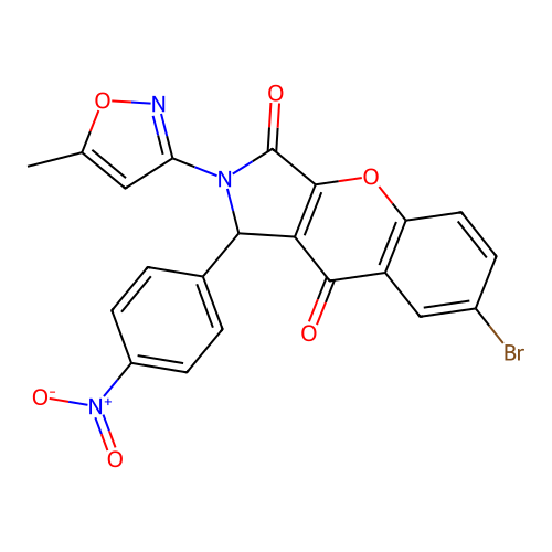 7-bromo-2-(5-methylisoxazol-3-yl)-1-(4-nitrophenyl)chromeno[2,3-c]3-pyrroline- 3,9-dione structure