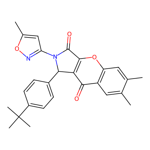 1-(4-tert-butylphenyl)-6,7-dimethyl-2-(5-methyl-1,2-oxazol-3-yl)-1,2-dihydrochromeno[2,3-c]pyrrole-3,9-dione structure