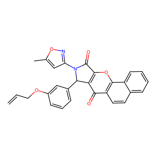 9-(5-methylisoxazol-3-yl)-8-(3-prop-2-enyloxyphenyl)benzo[h]3-pyrrolino[3,4-b] chromene-7,10-dione structure