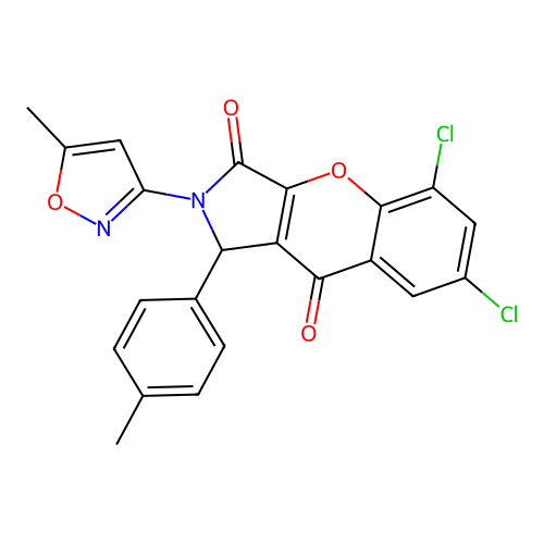 5,7-dichloro-2-(5-methyl-1,2-oxazol-3-yl)-1-(4-methylphenyl)-1,2-dihydrochromeno[2,3-c]pyrrole-3,9-dione structure