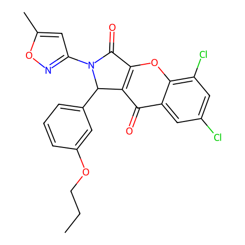 5,7-dichloro-2-(5-methyl-1,2-oxazol-3-yl)-1-(3-propoxyphenyl)-1,2-dihydrochromeno[2,3-c]pyrrole-3,9-dione structure